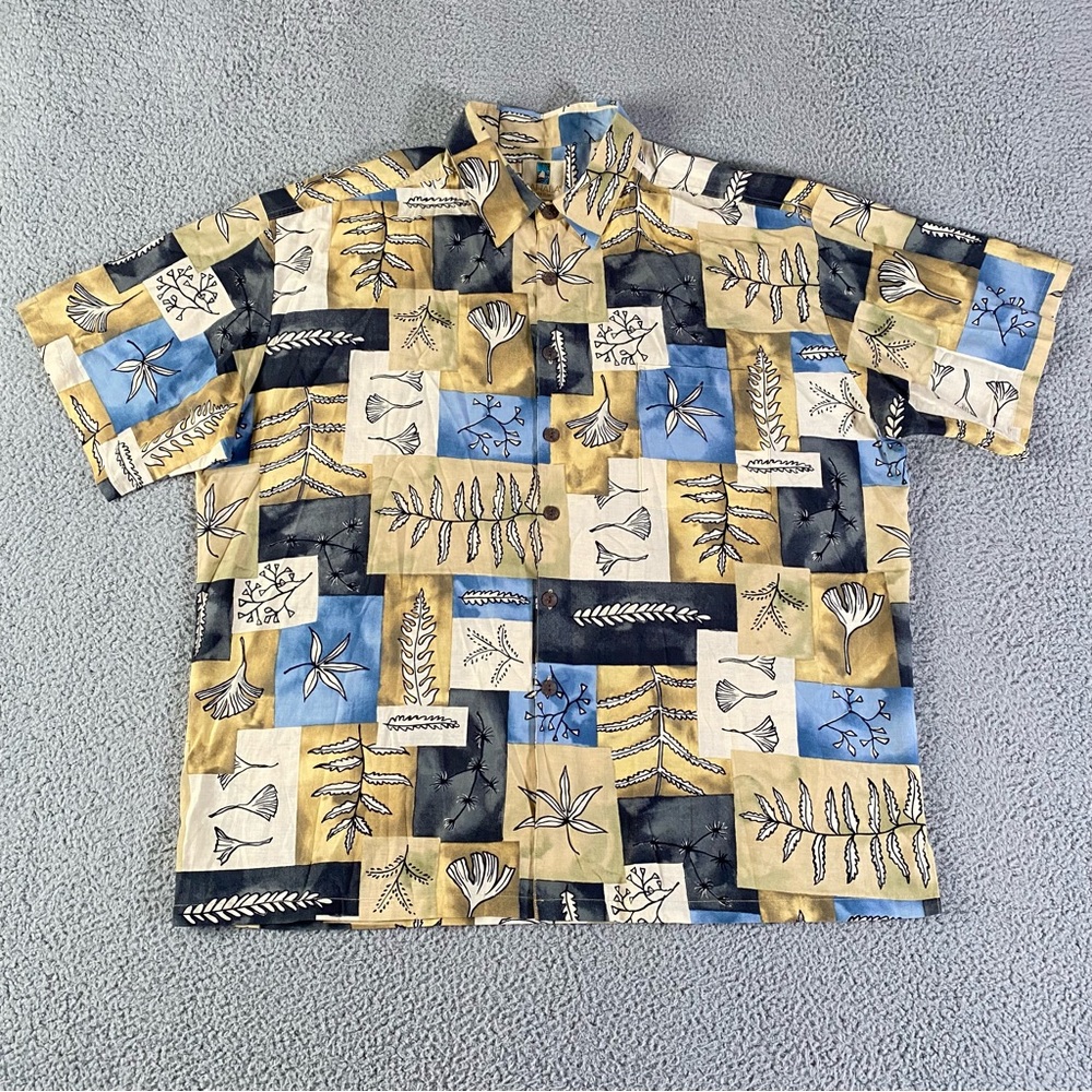 Kahala Hawaiian Shirt Men 2XL XXL Blue Tan Leaves Floral Linen Blend Resort Wear